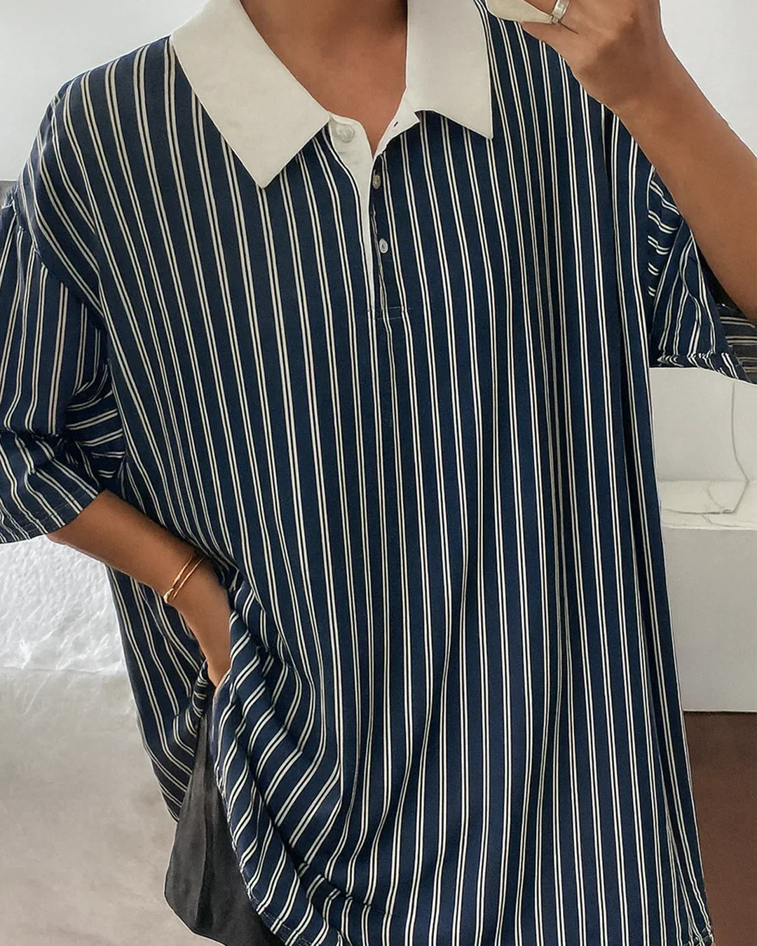 Casual Striped Half Button Polo T-Shirt - Image 2