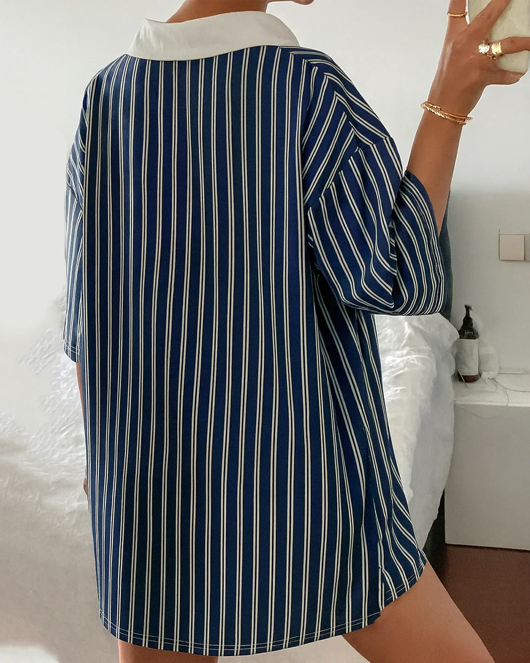 Casual Striped Half Button Polo T-Shirt - Image 3