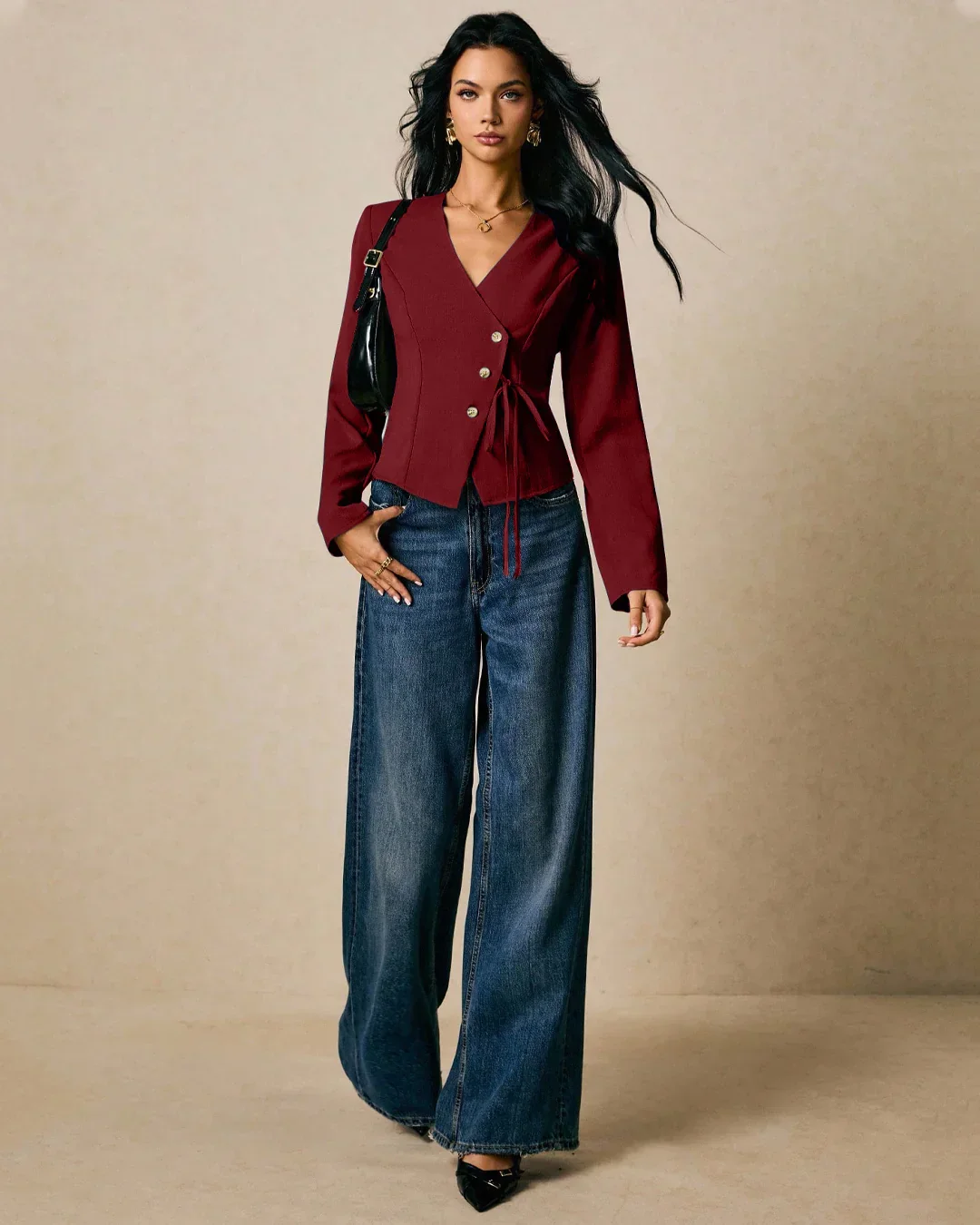 Casual V-Neck Slim Fit Womens Wrap Top in Maroon - Image 3