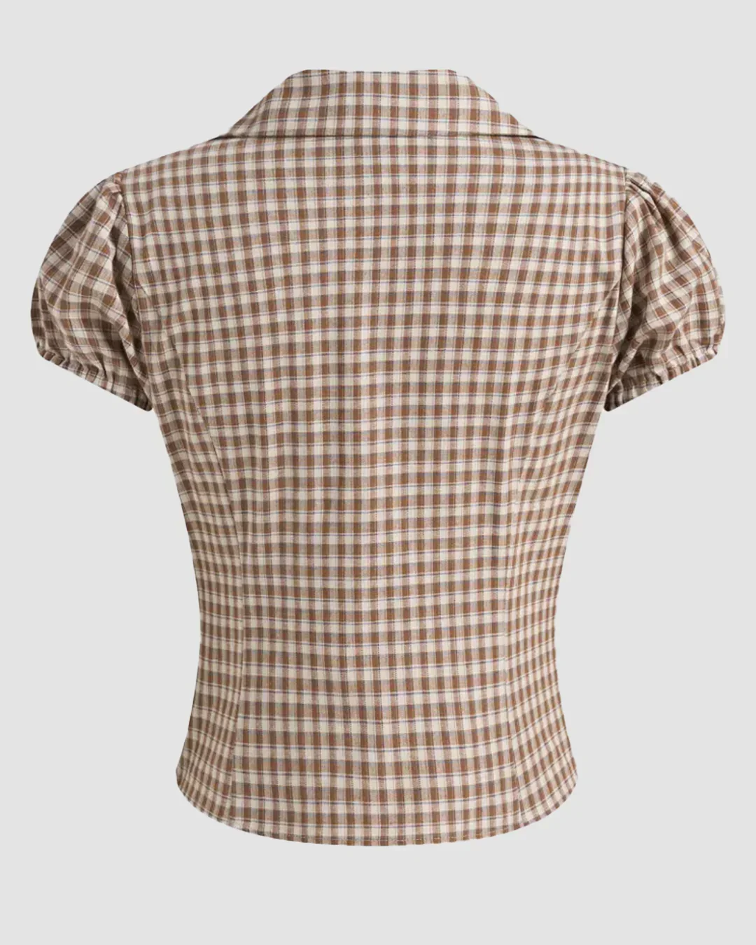 Checkered Collared Button Down Fitted Short Sleeve Top - Image 2