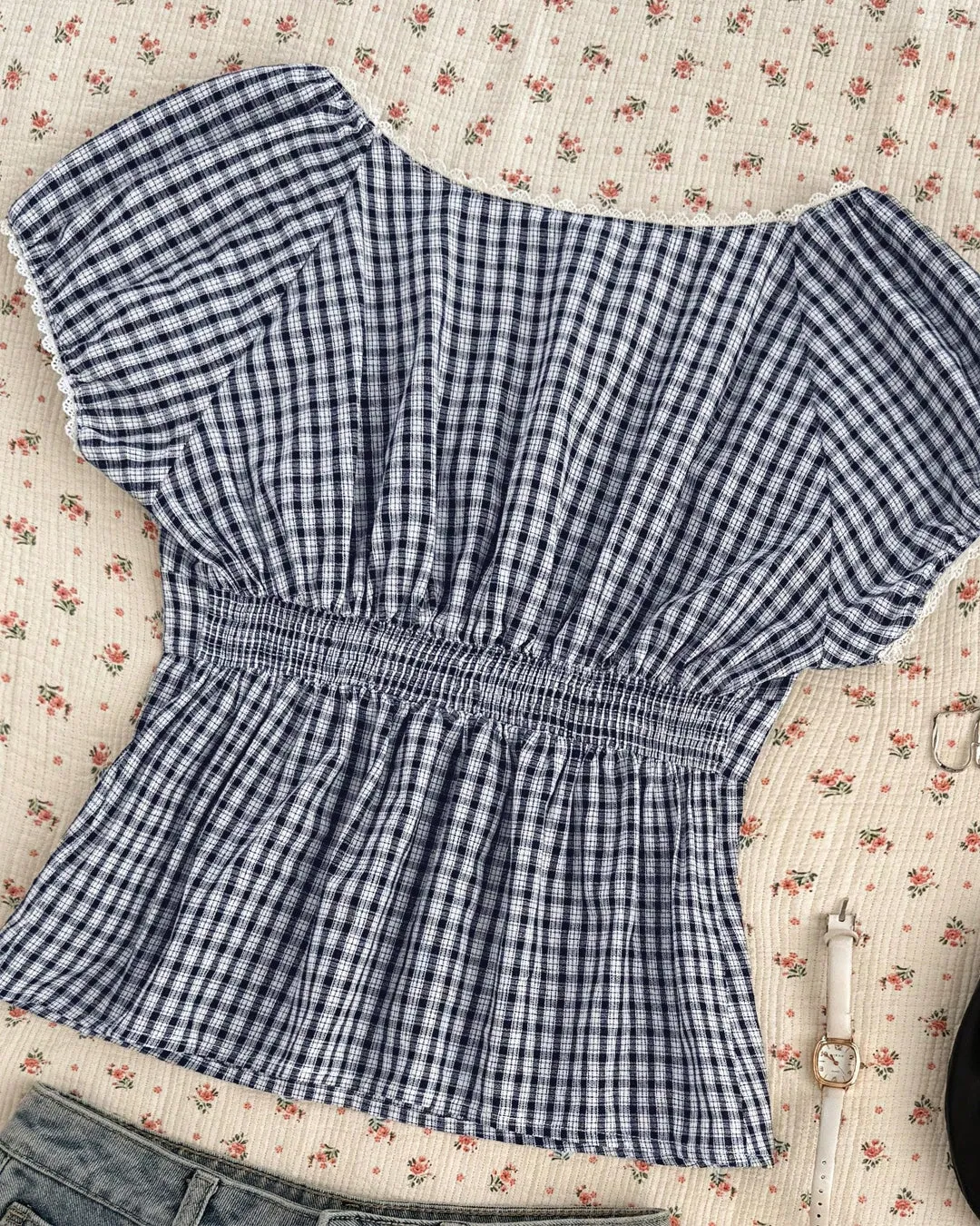 Casual Sweetheart Neck Checkered Top - Image 2
