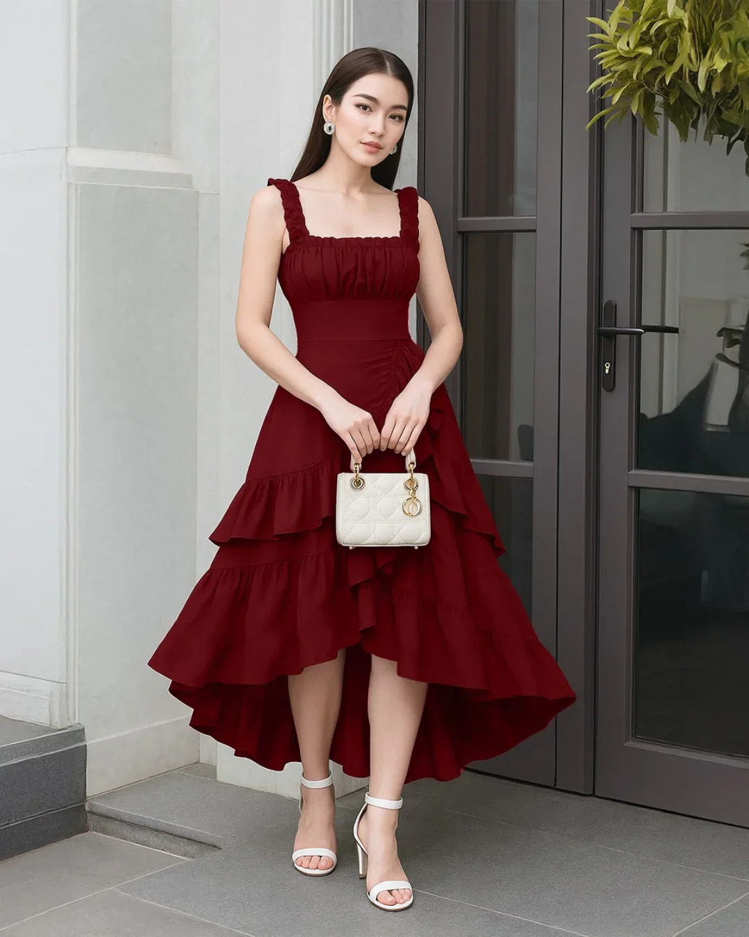 Cherry Ruched Square Neck Ruffle High-Low Midi Dress with Ruffle Hem - Image 2