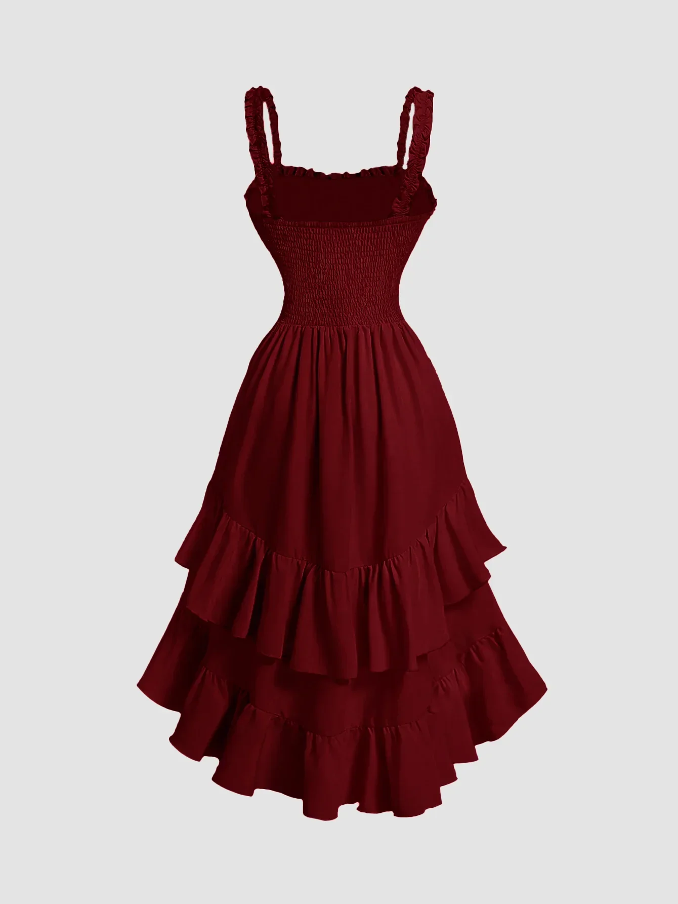 Cherry Ruched Square Neck Ruffle High-Low Midi Dress with Ruffle Hem - Image 3