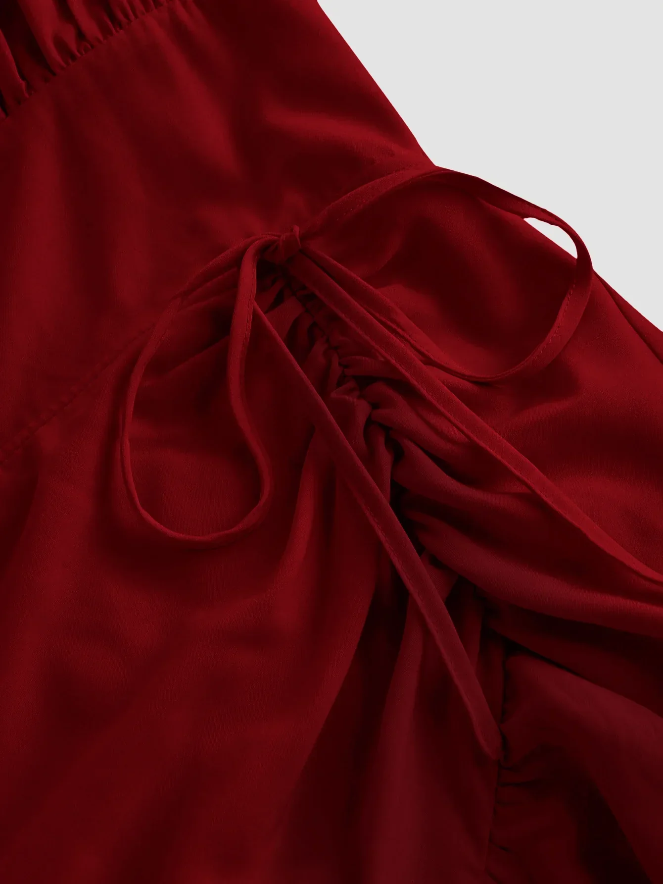 Cherry Ruched Square Neck Ruffle High-Low Midi Dress with Ruffle Hem - Image 4