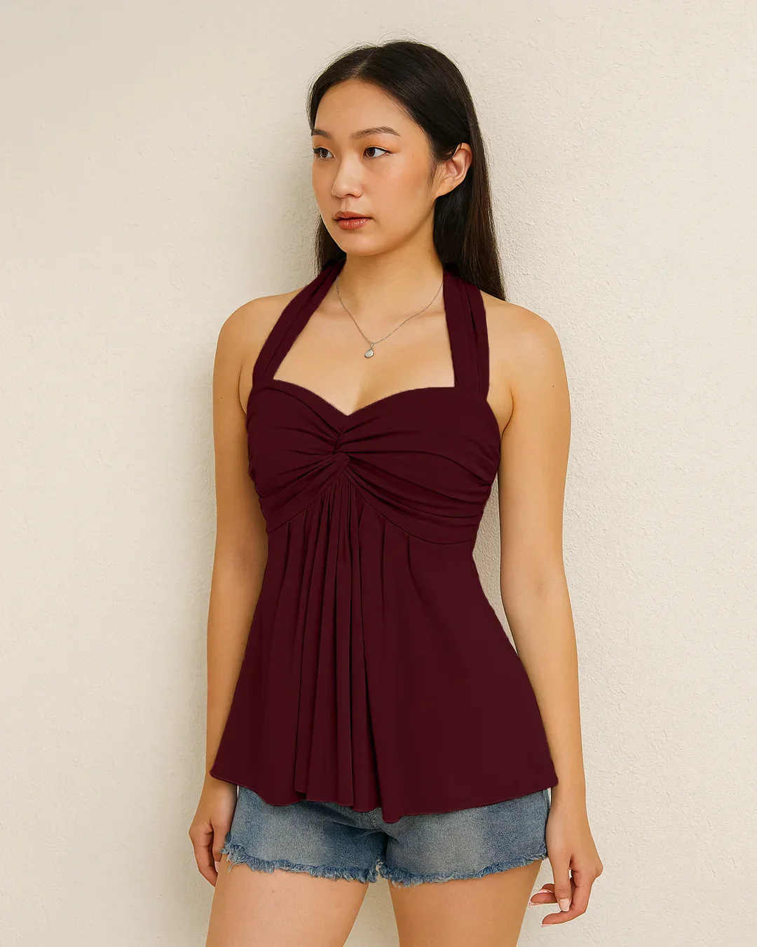 Cherry Twist Front Draped Halter Top - Image 3