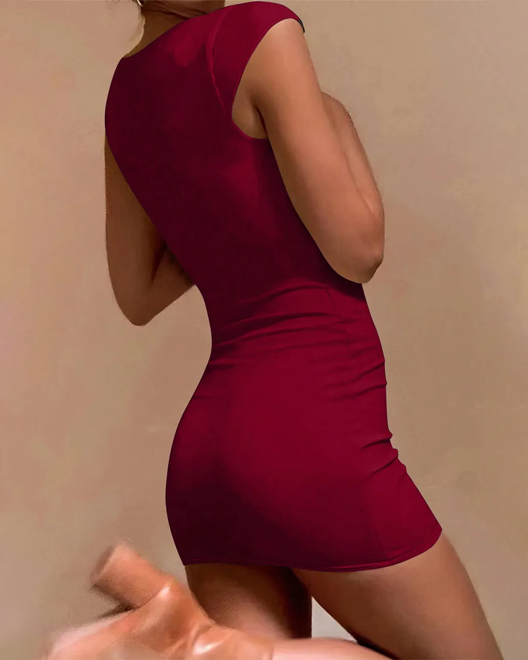 Chic Square Neckline Short Sleeve Mini Dress In Burgundy - Image 3