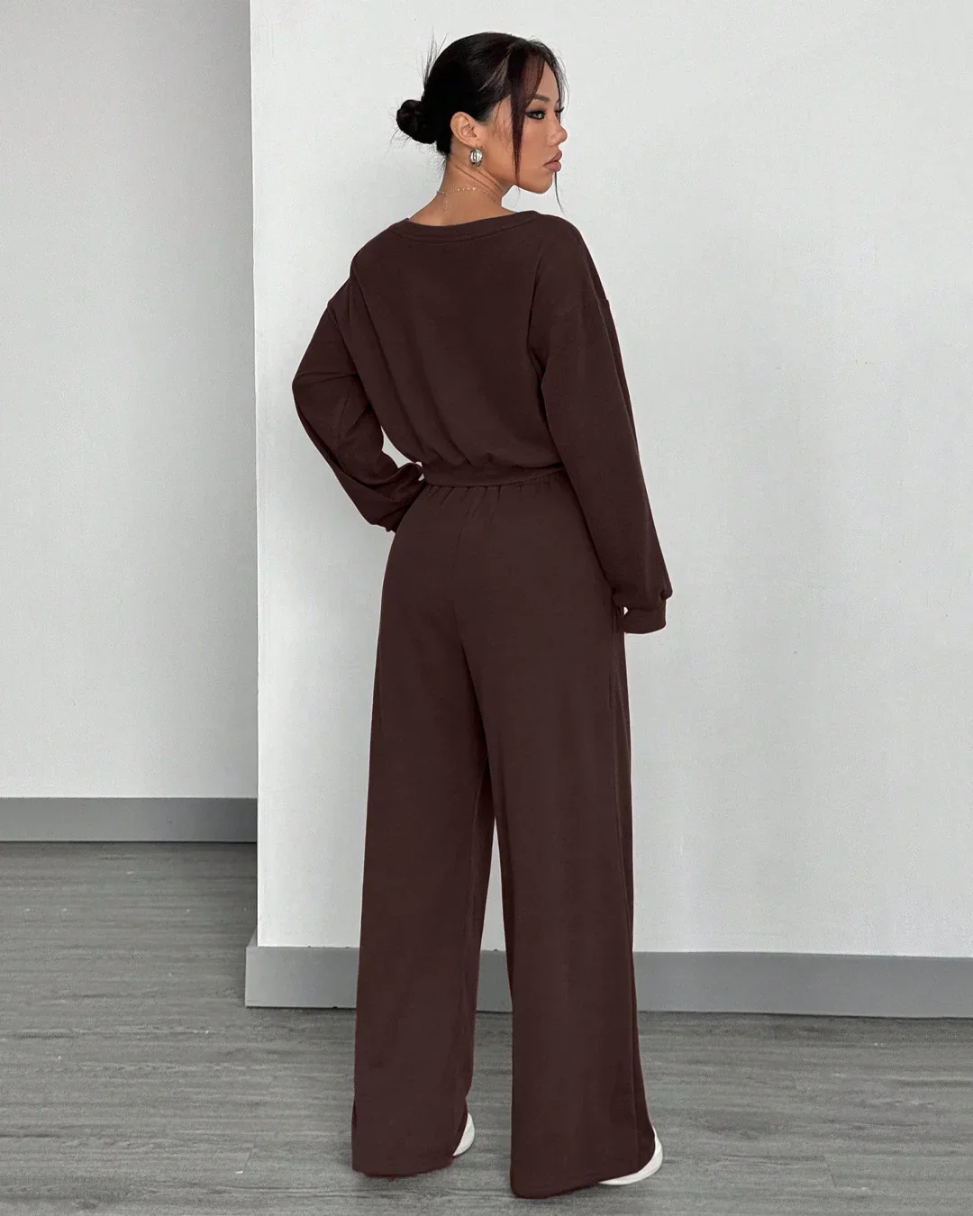 Chocolate Asymmetrical Neck Long Sleeve Top & Wide-Leg Pants Two-Piece Set - Image 2