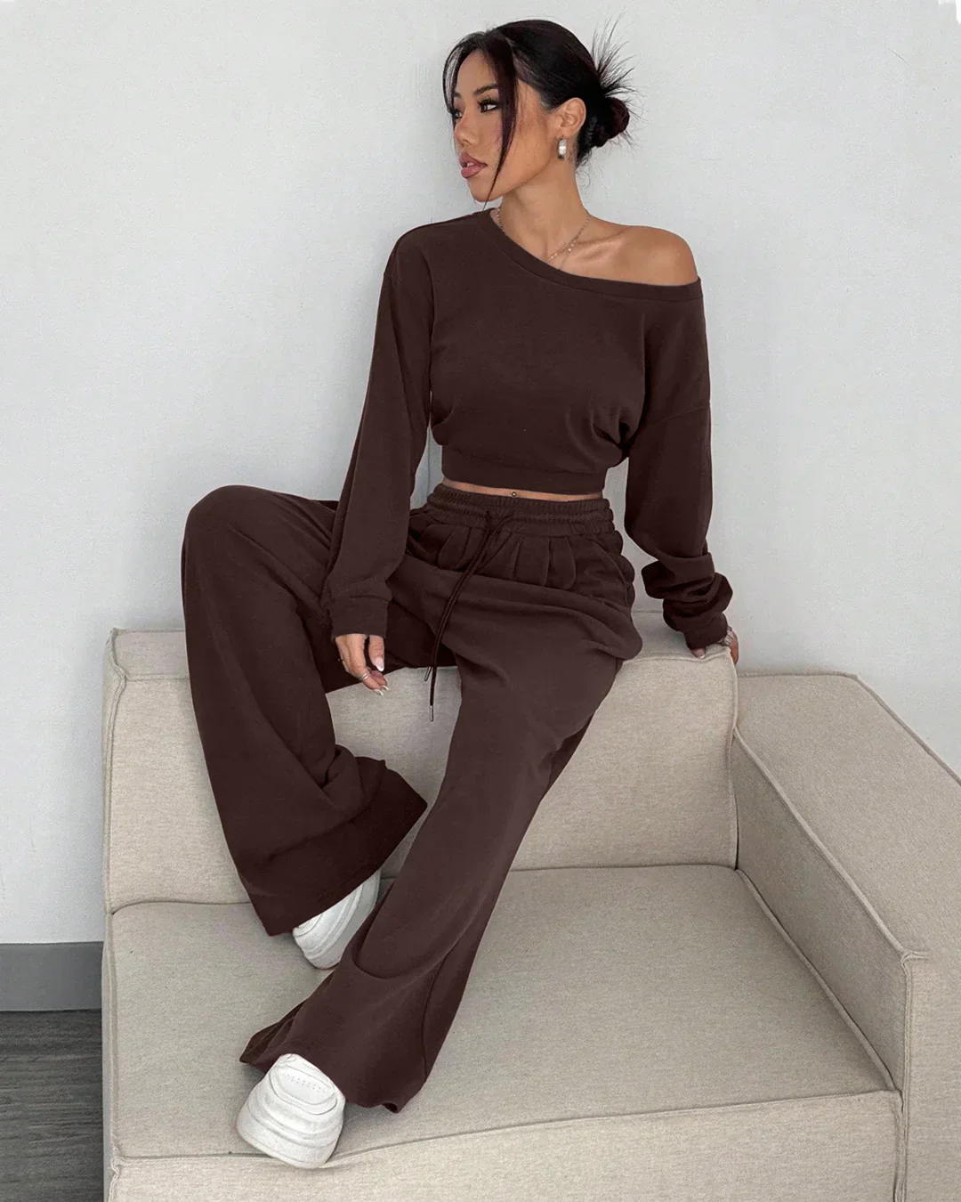 Chocolate Asymmetrical Neck Long Sleeve Top & Wide-Leg Pants Two-Piece Set - Image 3