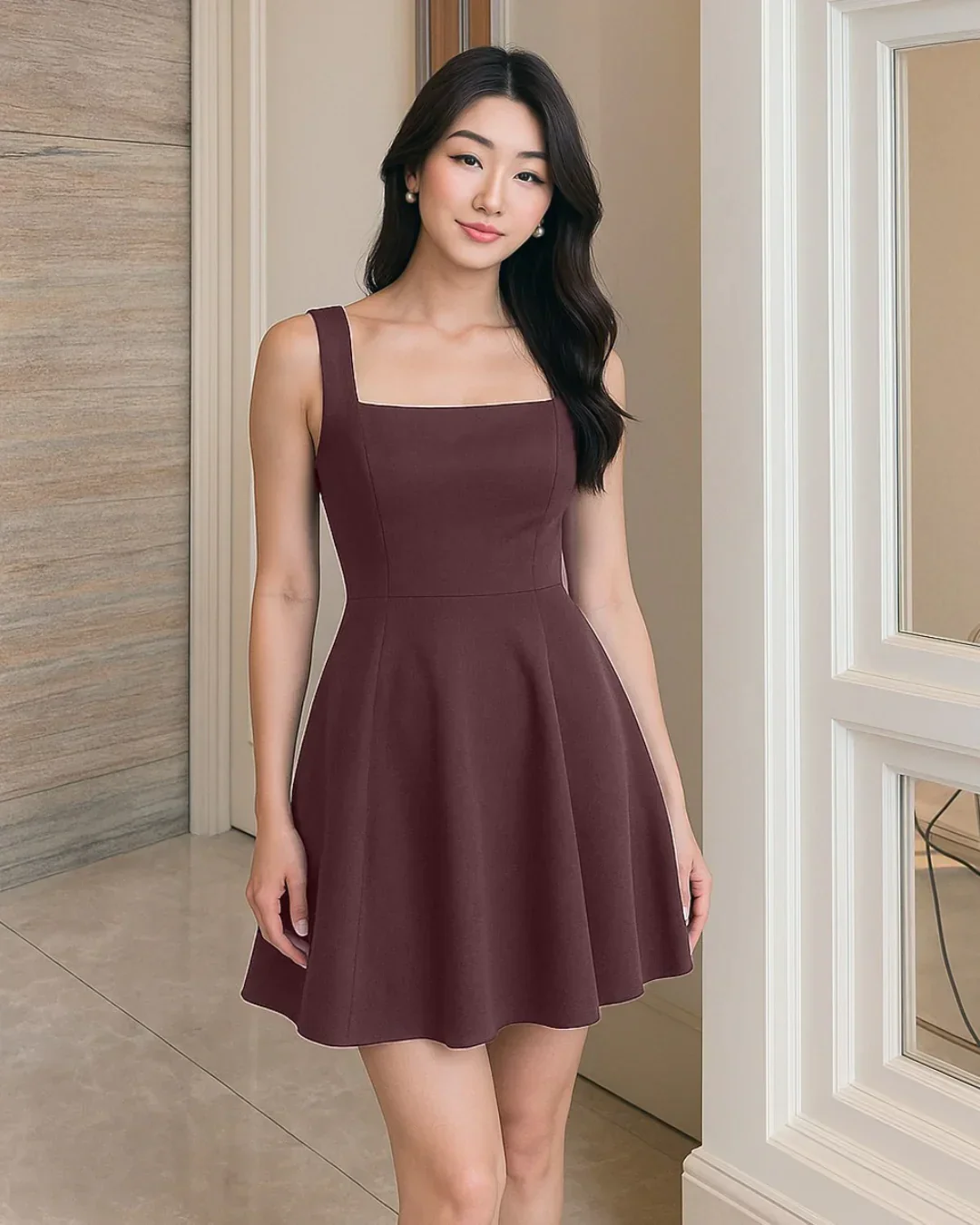 Classic Square Neck Sleeveless Flare Dress in Chocolate - Image 2