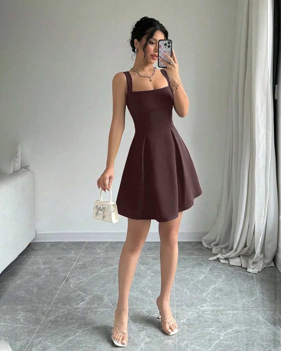 Classic Square Neck Sleeveless Flare Dress in Chocolate - Image 3