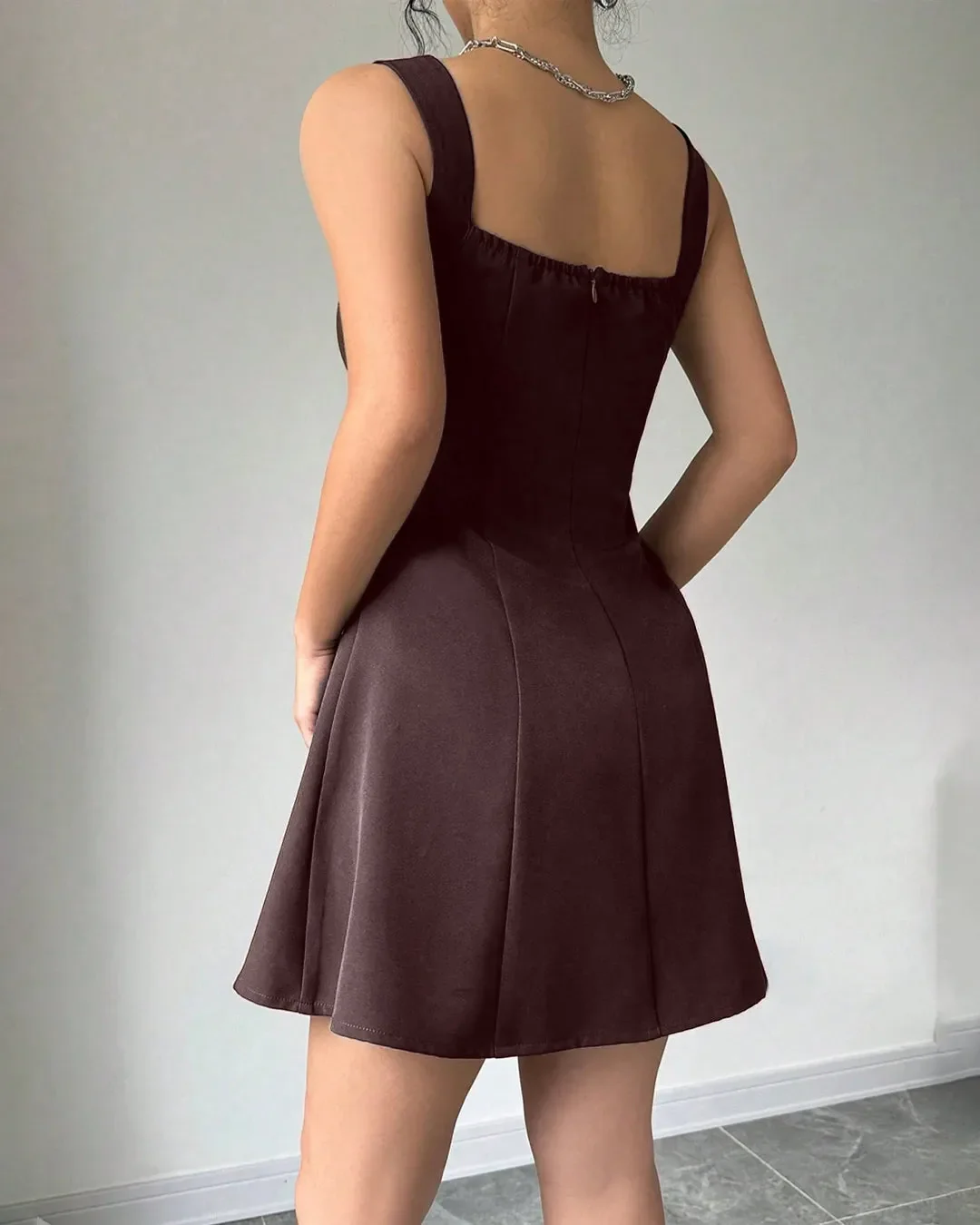 Classic Square Neck Sleeveless Flare Dress in Chocolate - Image 4