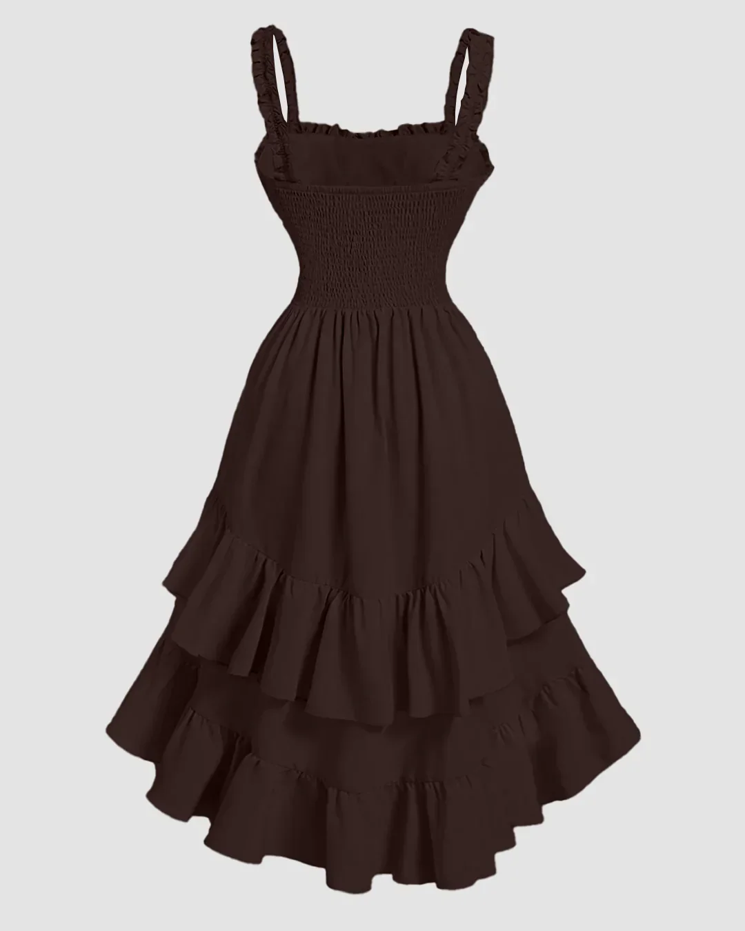 Chocolate Fondae Ruched Square Neck Ruffle High-Low Midi Dress with Ruffle Hem - Image 2