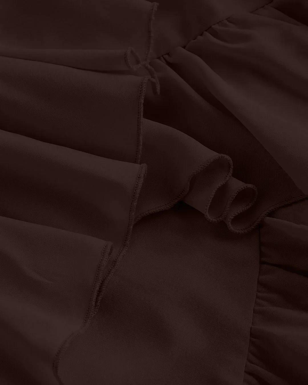 Chocolate Fondae Ruched Square Neck Ruffle High-Low Midi Dress with Ruffle Hem - Image 3