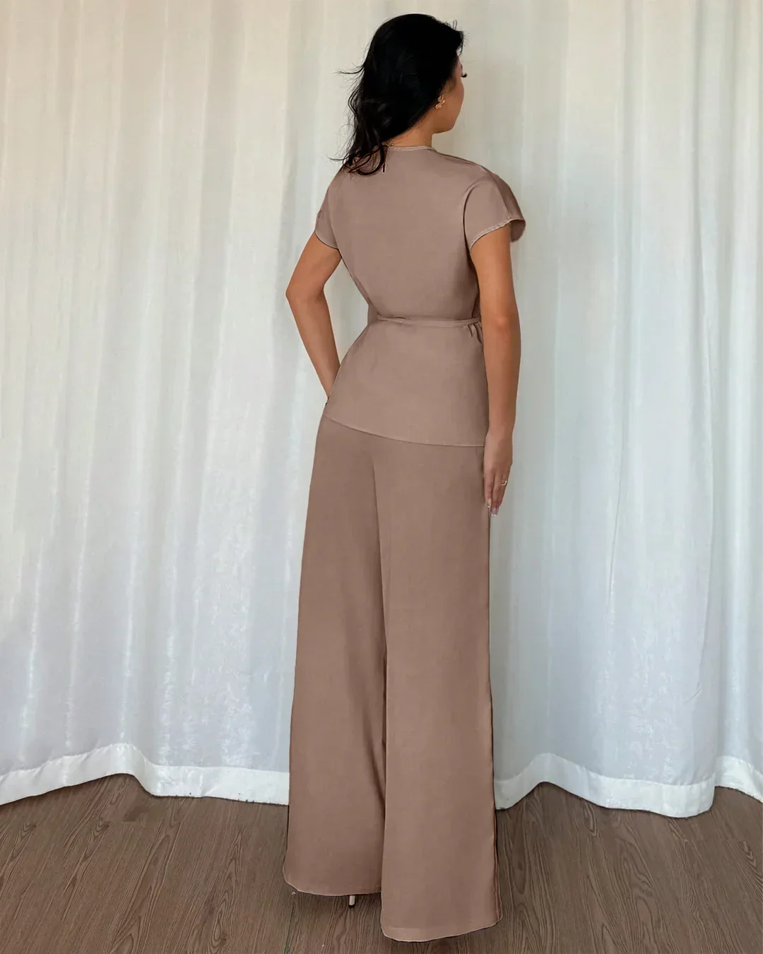 Chocolate Fondae Short Sleeve Wrap Top & Wide-Leg Pants Set - Image 2