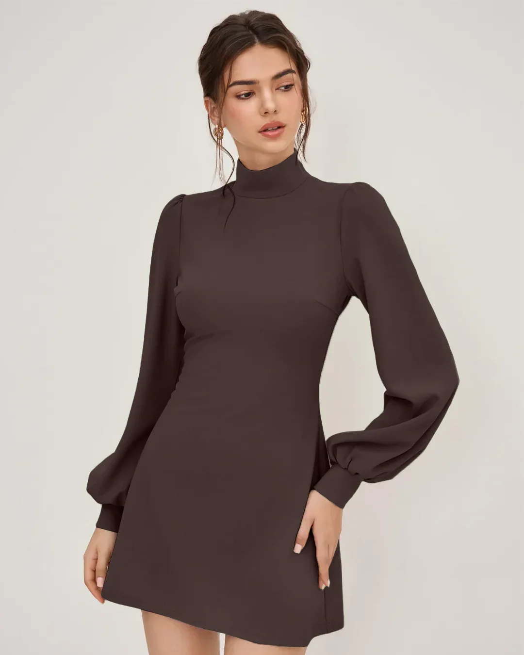 Chocolate Long Sleeve Puff Shoulder Mini Dress - Image 3
