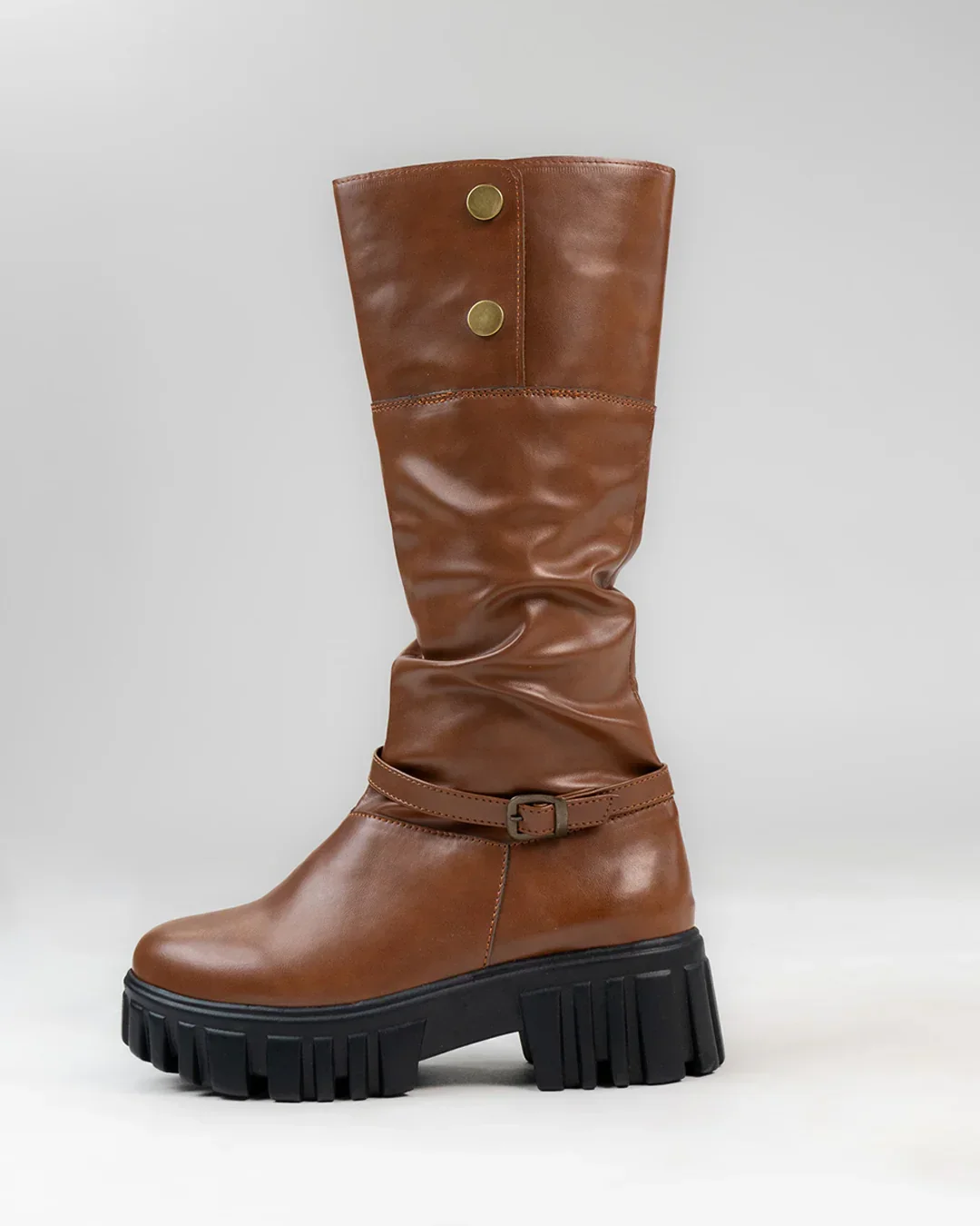 Chunky Fit Round Toe Buckle Knee High Boots in Brown - Image 2