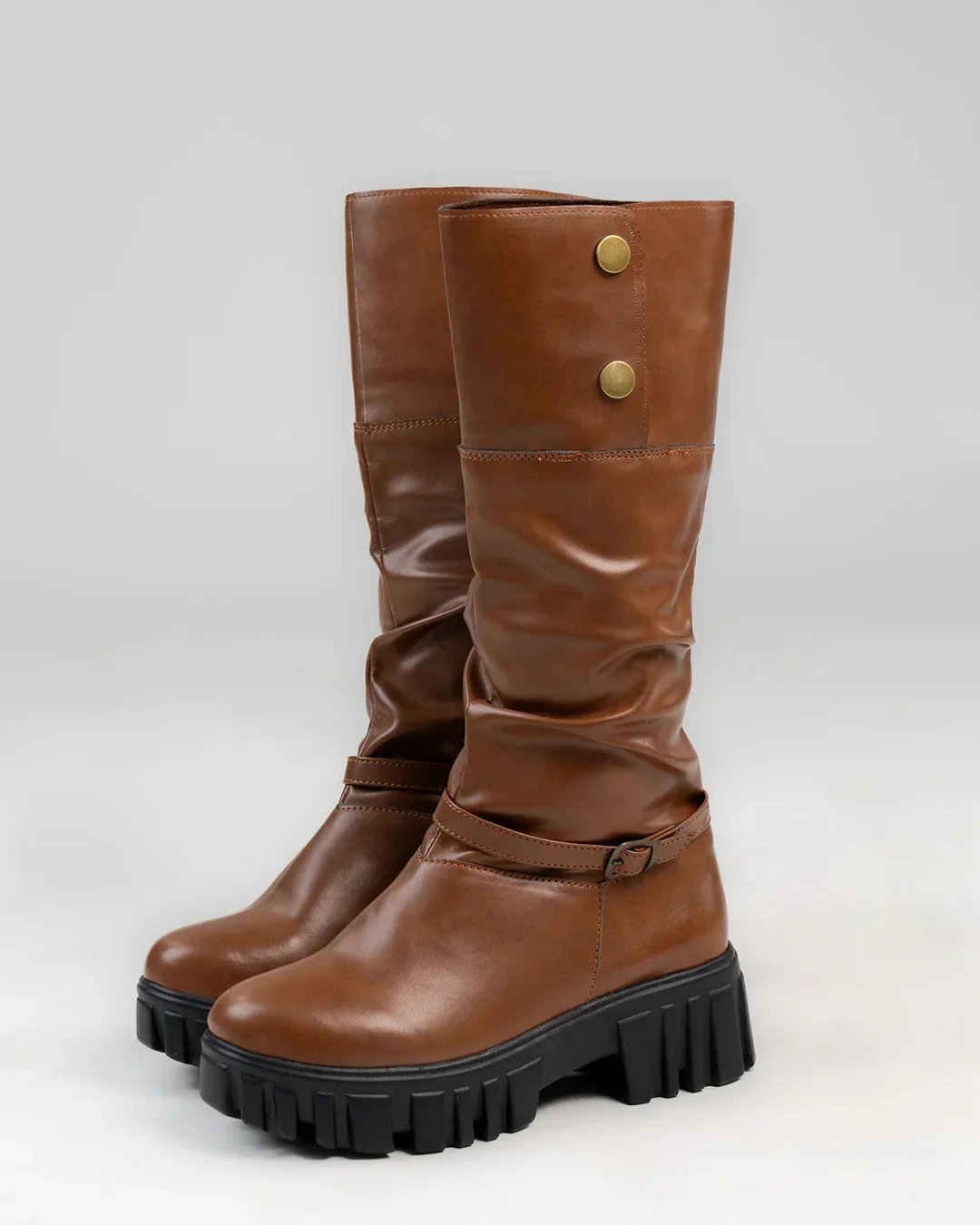 Chunky Fit Round Toe Buckle Knee High Boots in Brown - Image 3