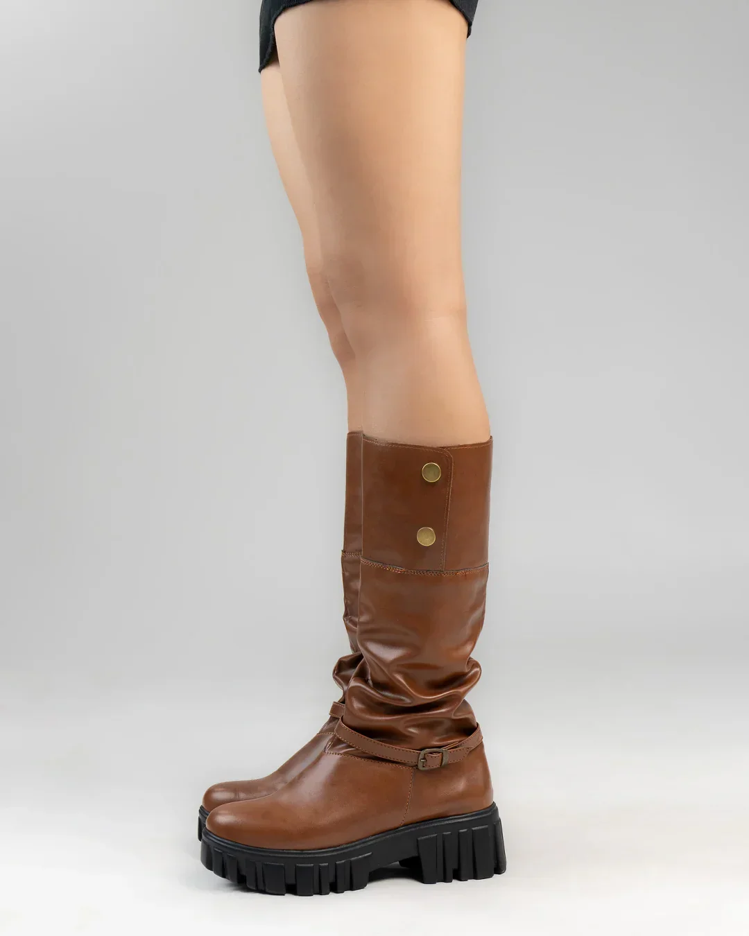 Chunky Fit Round Toe Buckle Knee High Boots in Brown - Image 4