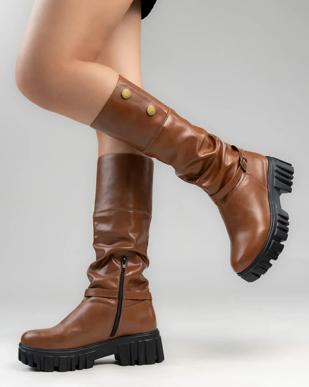 Chunky Fit Round Toe Buckle Knee High Boots in Brown - Image 5