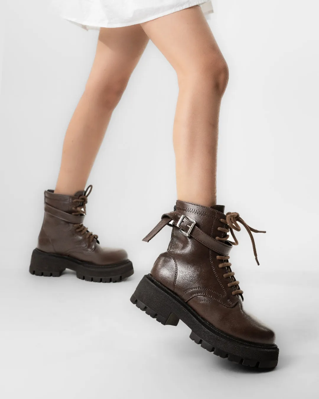 Chunky Platform Lace-Up Metal Buckle High Top Motorcycle Boot - Image 3