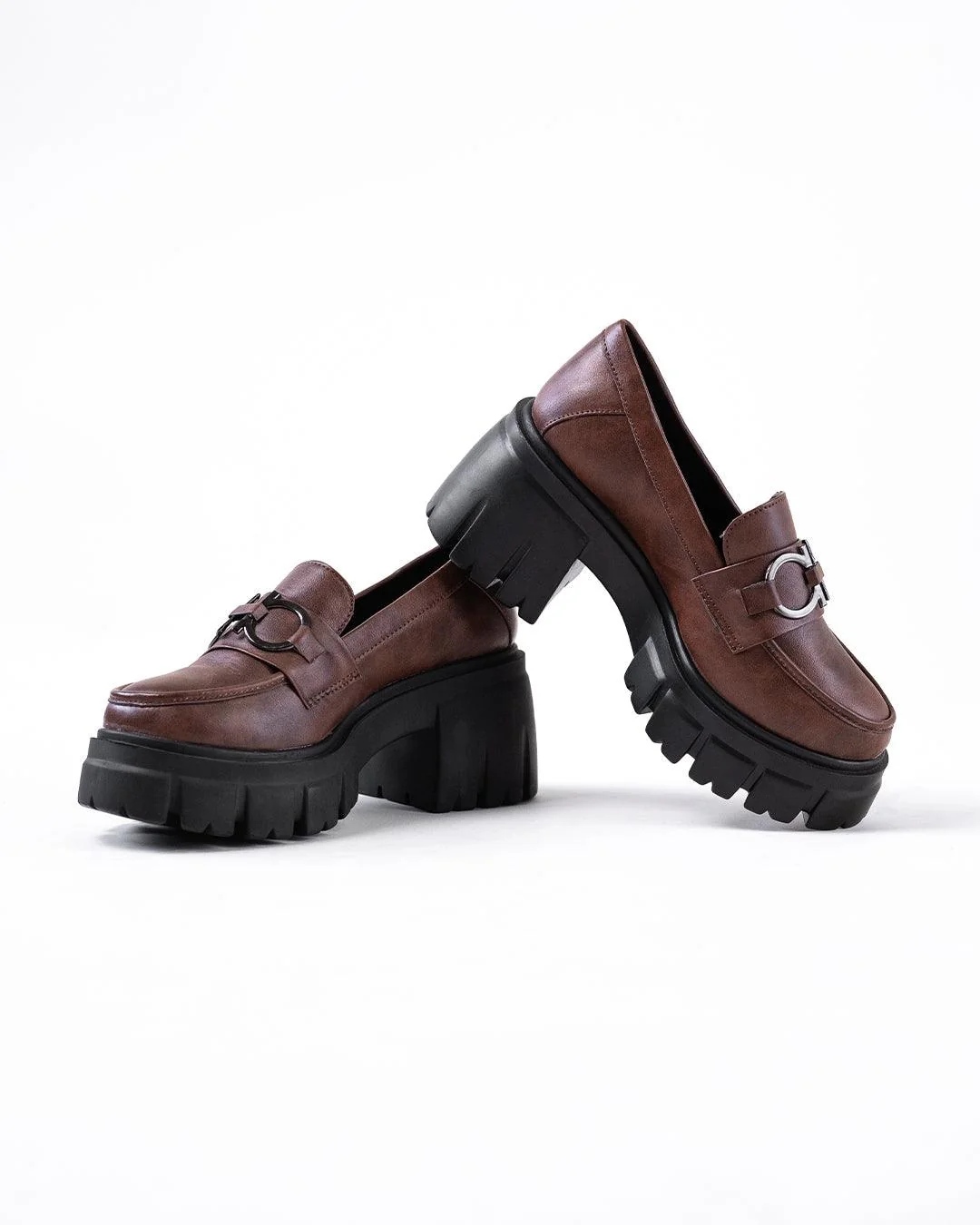 Chunky Platform Loafers with Chain Decor in Brown - Image 3