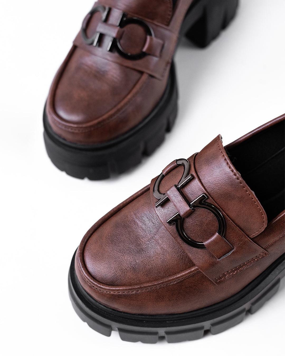 Chunky Platform Loafers with Chain Decor in Brown - Image 4