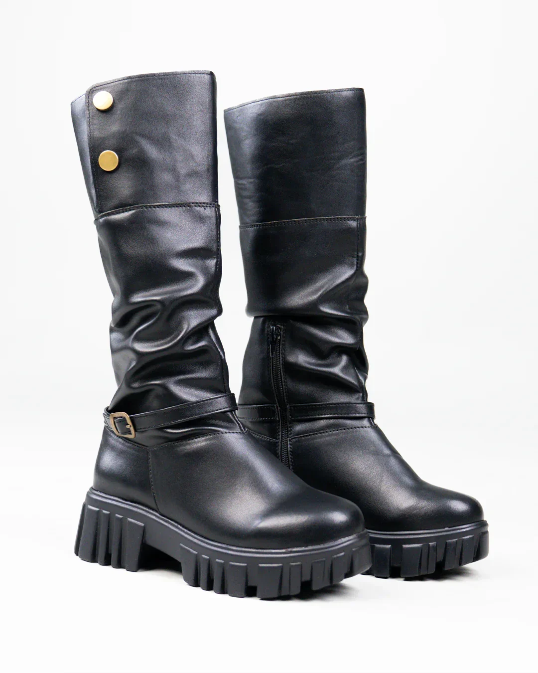 Chunky Platform Round Toe Knee High Boots in Black - Image 2