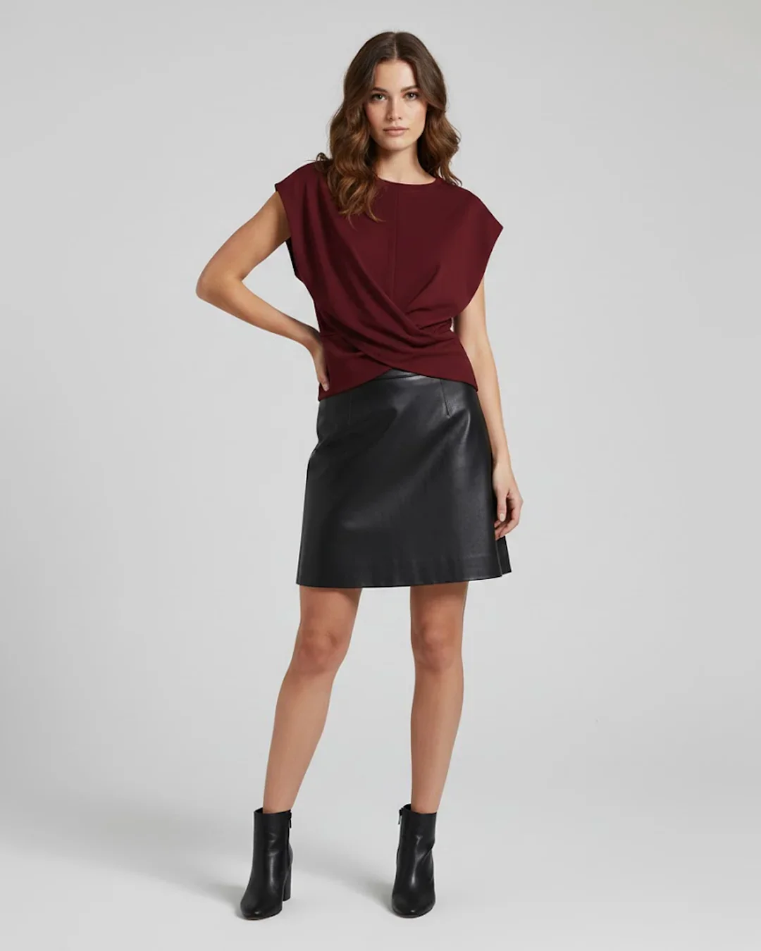 Cinched Waist Wrap Style Tie-Back Cap Sleeve Short Length in Merlot - Image 2