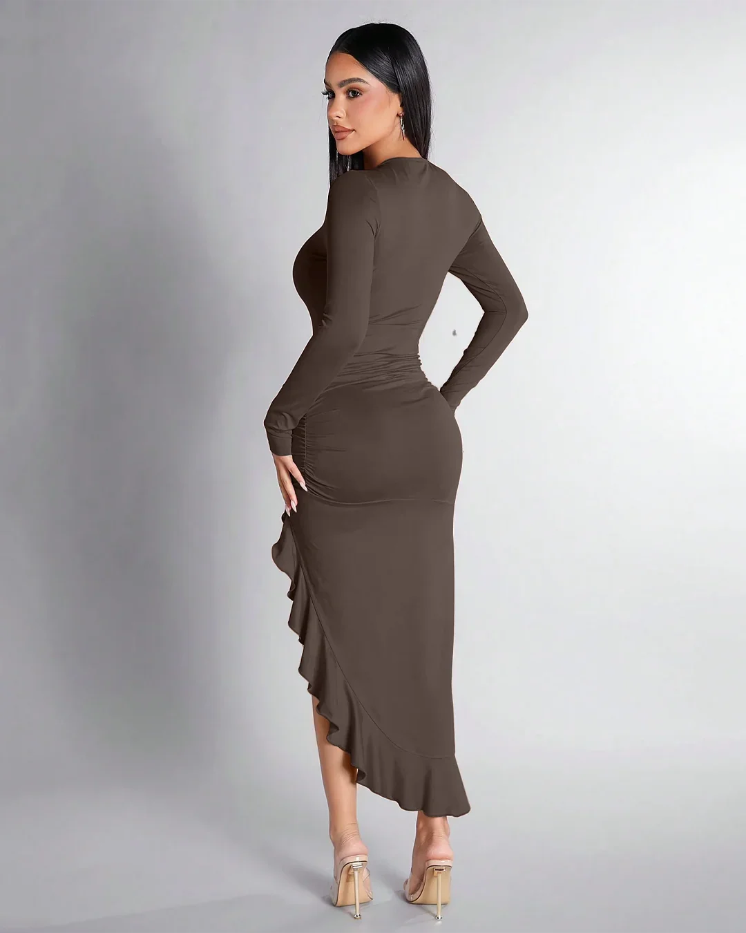 Coco Ruched High-Slit Ruffle Hem Dress - Image 2