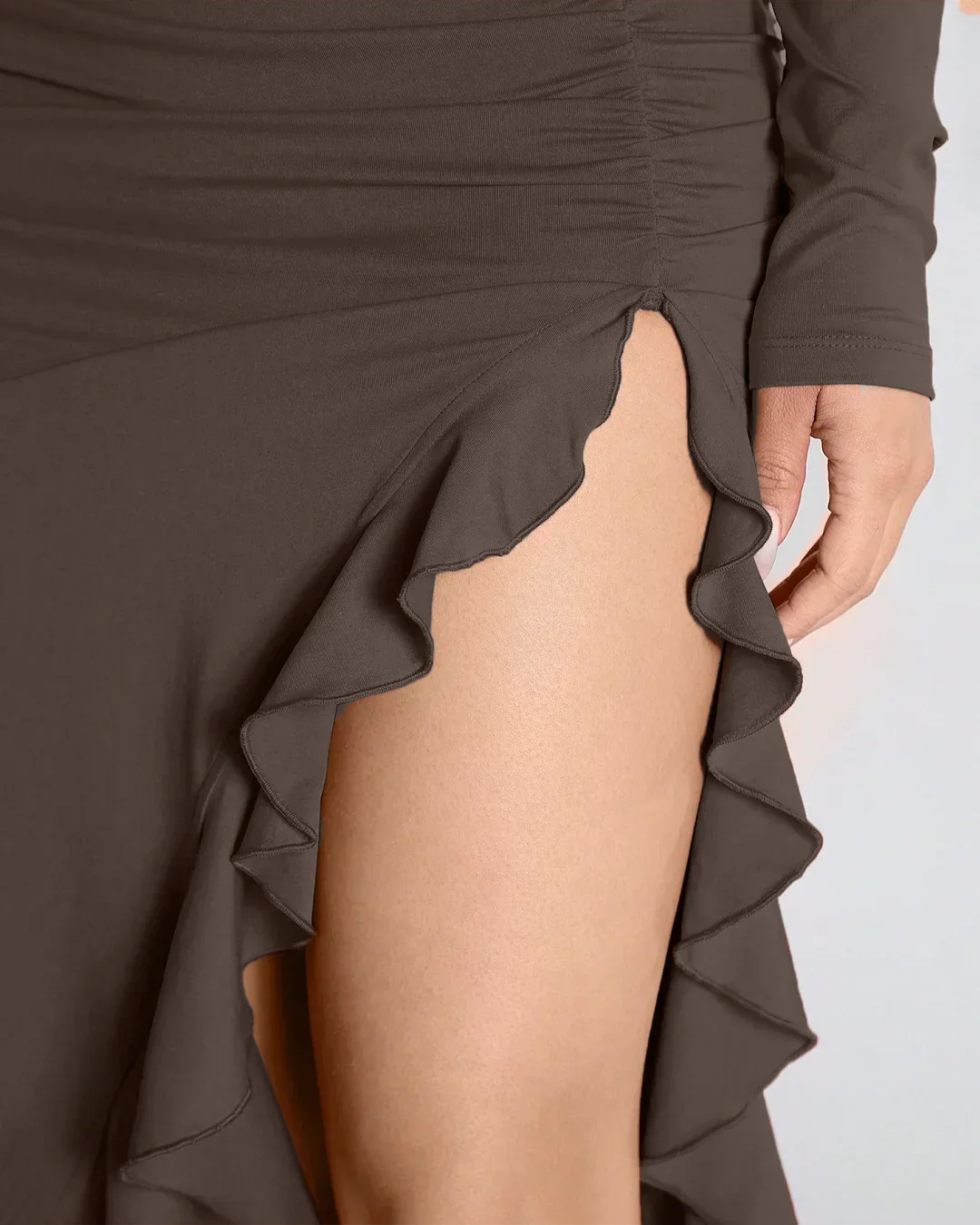 Coco Ruched High-Slit Ruffle Hem Dress - Image 3