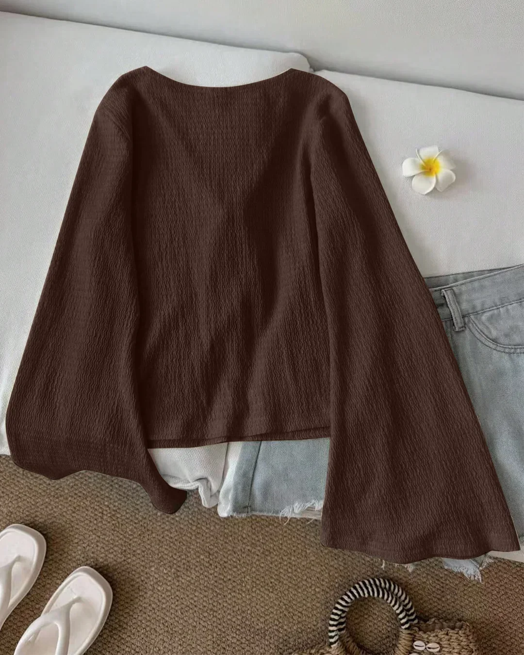 Coco Tie Front Full Sleeve Flared Hem Top - Image 3