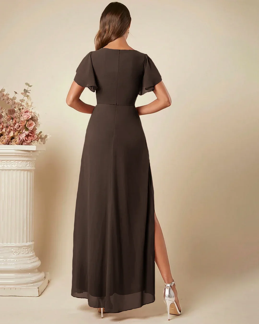 Coffee Ruffle Sleeve Ruched Slit Maxi Dress - Image 3