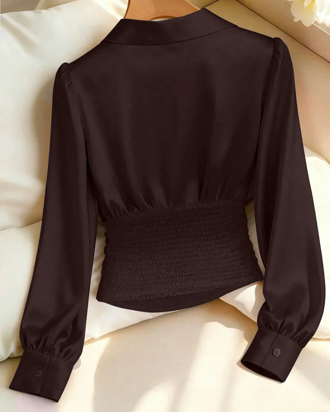 Coffee Solid Color Satin Long Sleeve Collared Waist Top - Image 2
