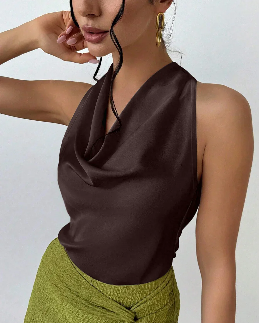 Coffee Solid Cowl Neck Sleeveless Top for Women - Image 2
