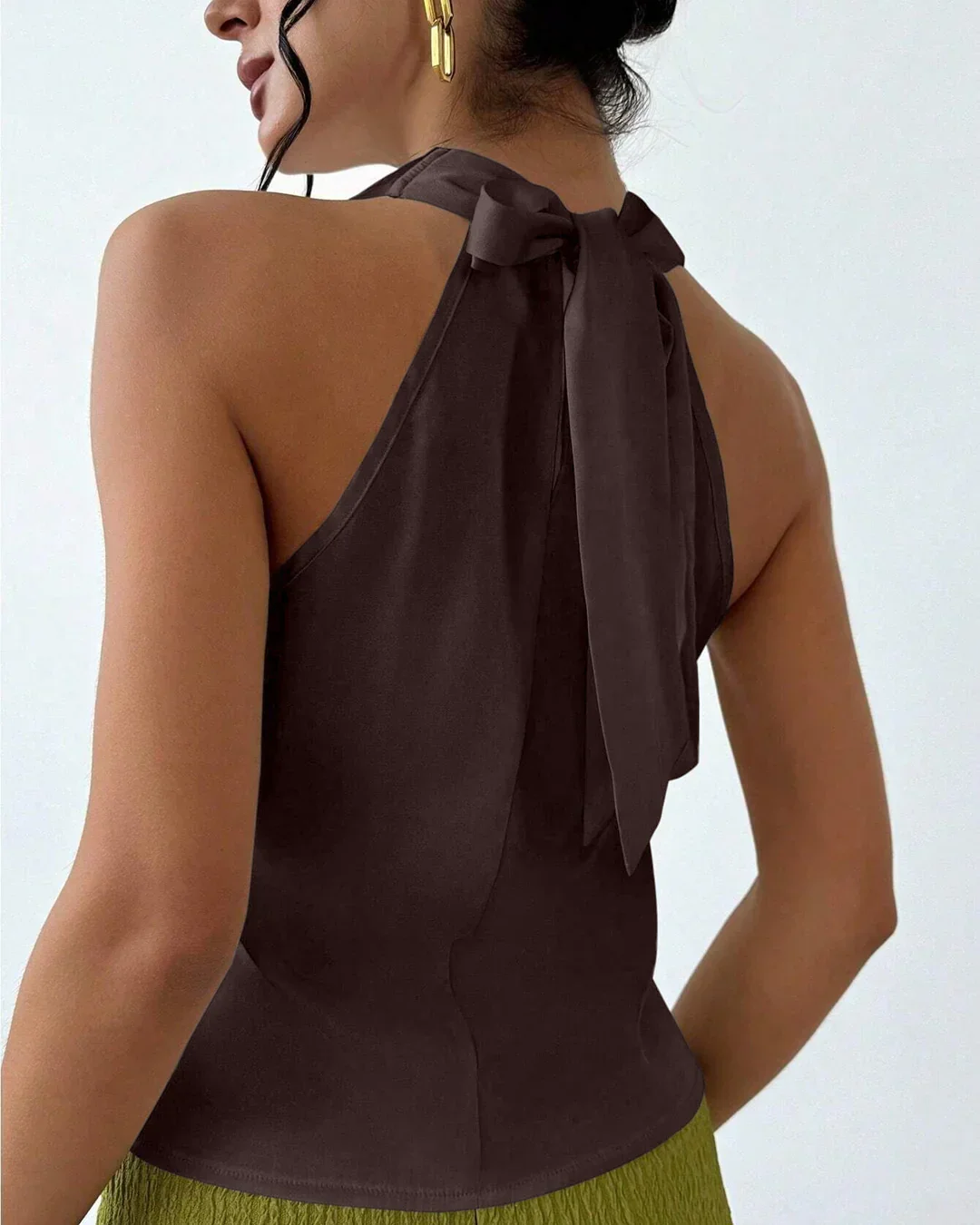 Coffee Solid Cowl Neck Sleeveless Top for Women - Image 3