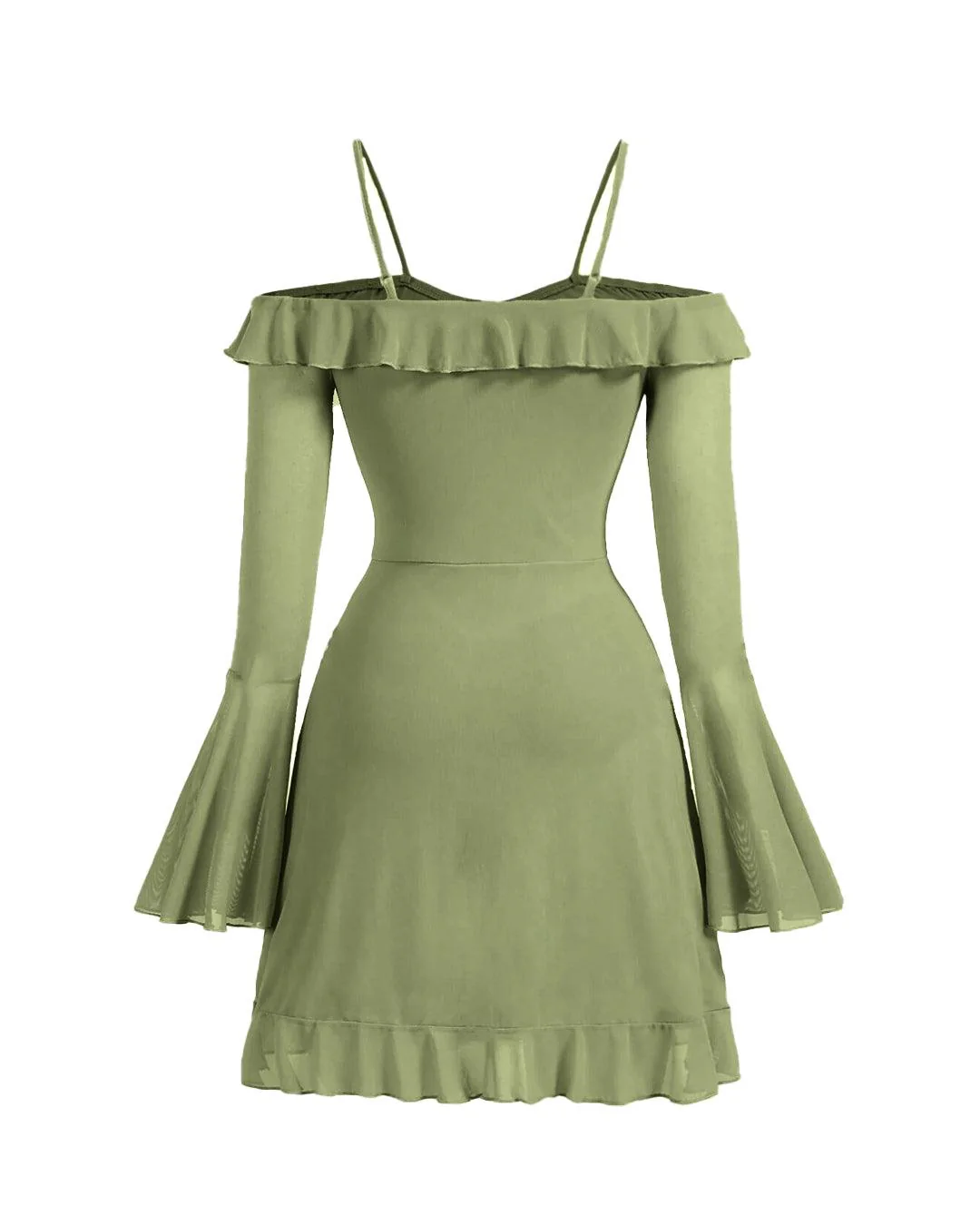 Cold Shoulder Ruffle Trim Flounce Sleeve Dress in Herbal Green - Image 2