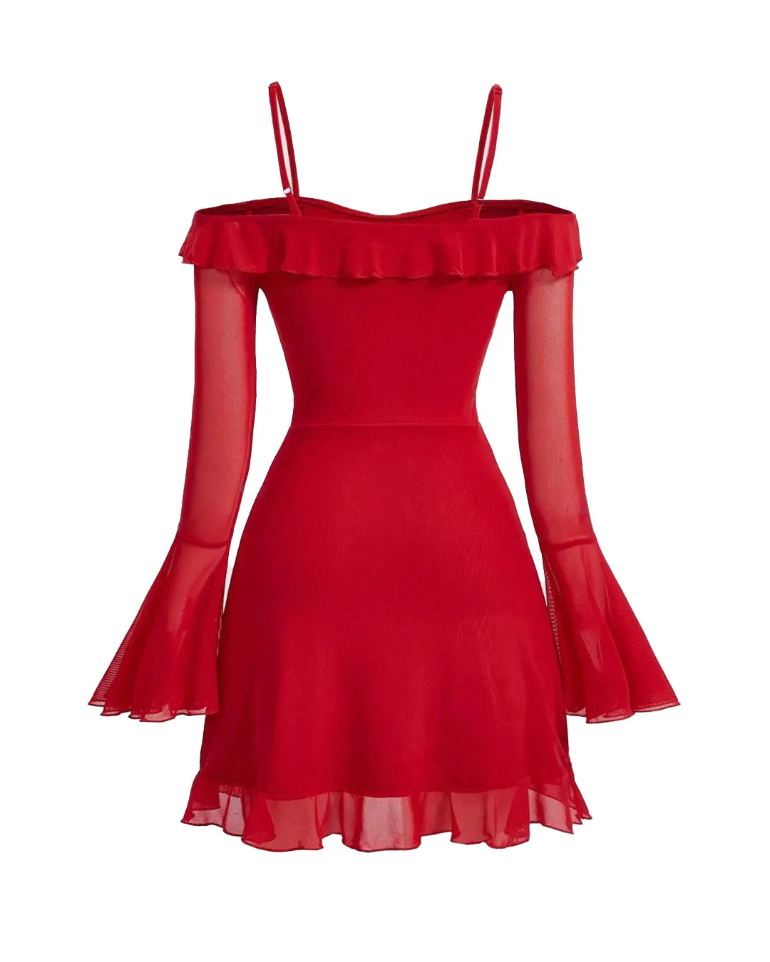 Cold Shoulder Ruffle Trim Flounce Sleeve Dress in Red - Image 2