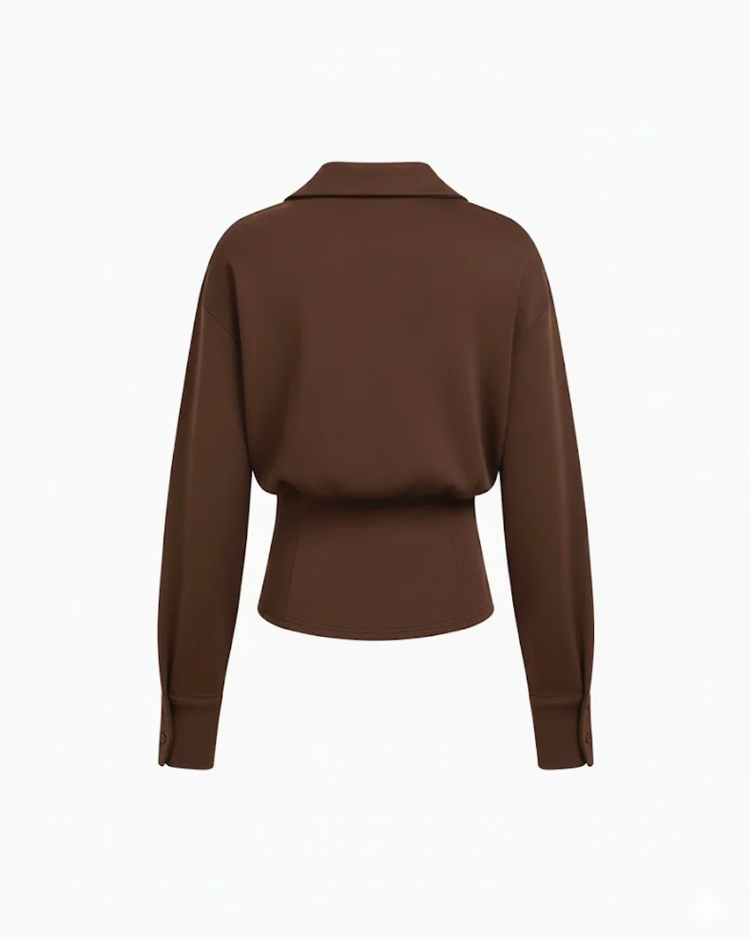Collar Button Cinched Waist Long Sleeve Top in Chocolate Fondae - Image 2