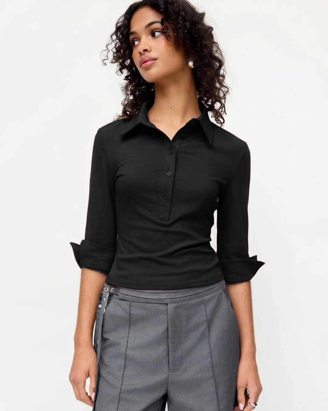Collar Button-Front Mid Sleeve Top in Black - Image 3