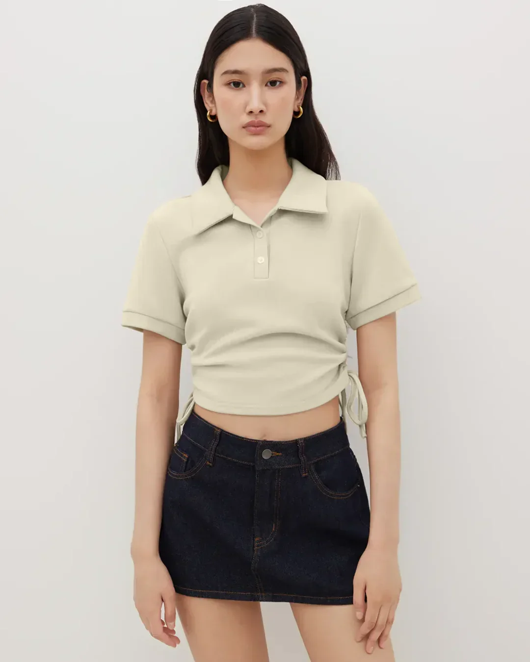 Collar Neck Ruched Side Crop Top in Apricot - Image 3
