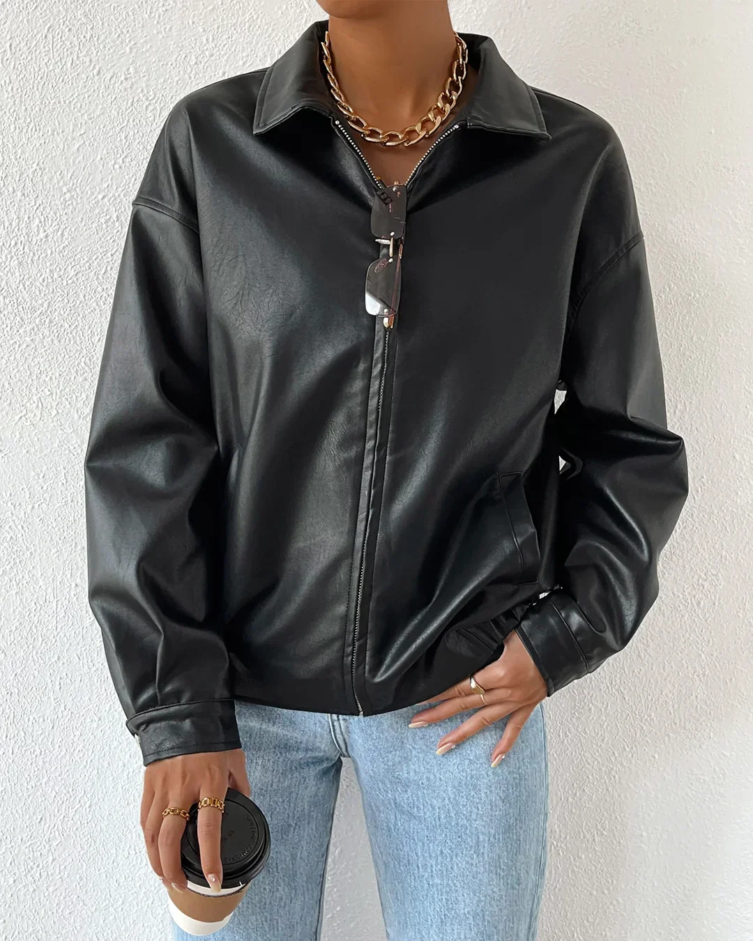 Collar Neck Solid Long Sleeve Leather Jacket in Black - Image 2