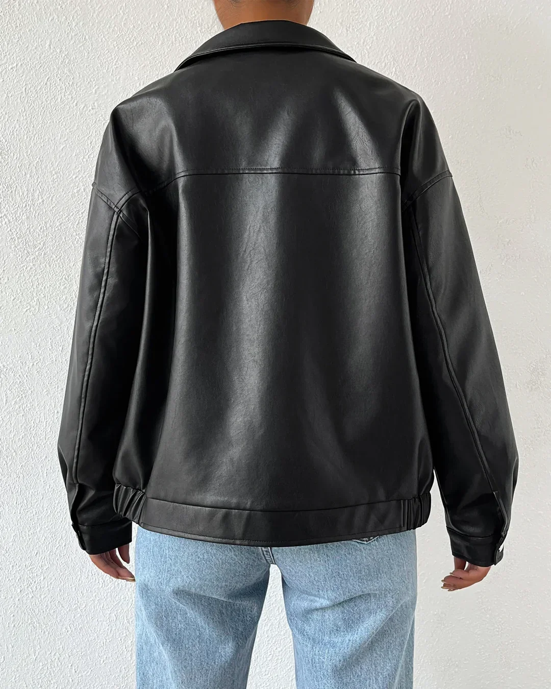 Collar Neck Solid Long Sleeve Leather Jacket in Black - Image 4