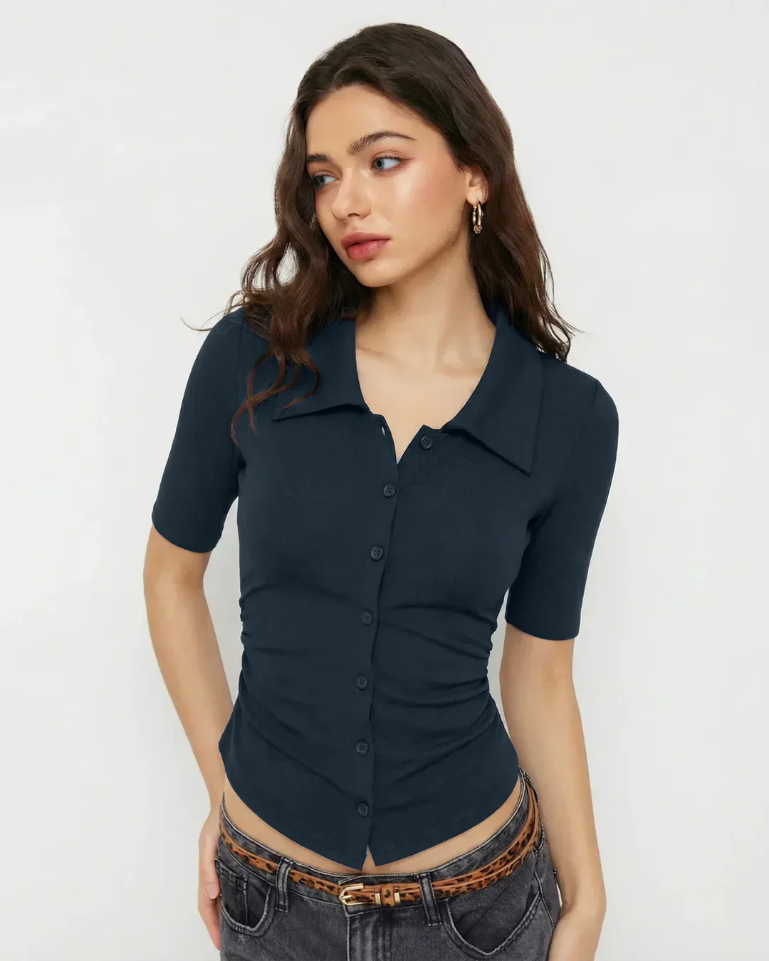 Collar Ruched Cinched Waist Mid-length Sleeve Top in Navy Blue - Image 3