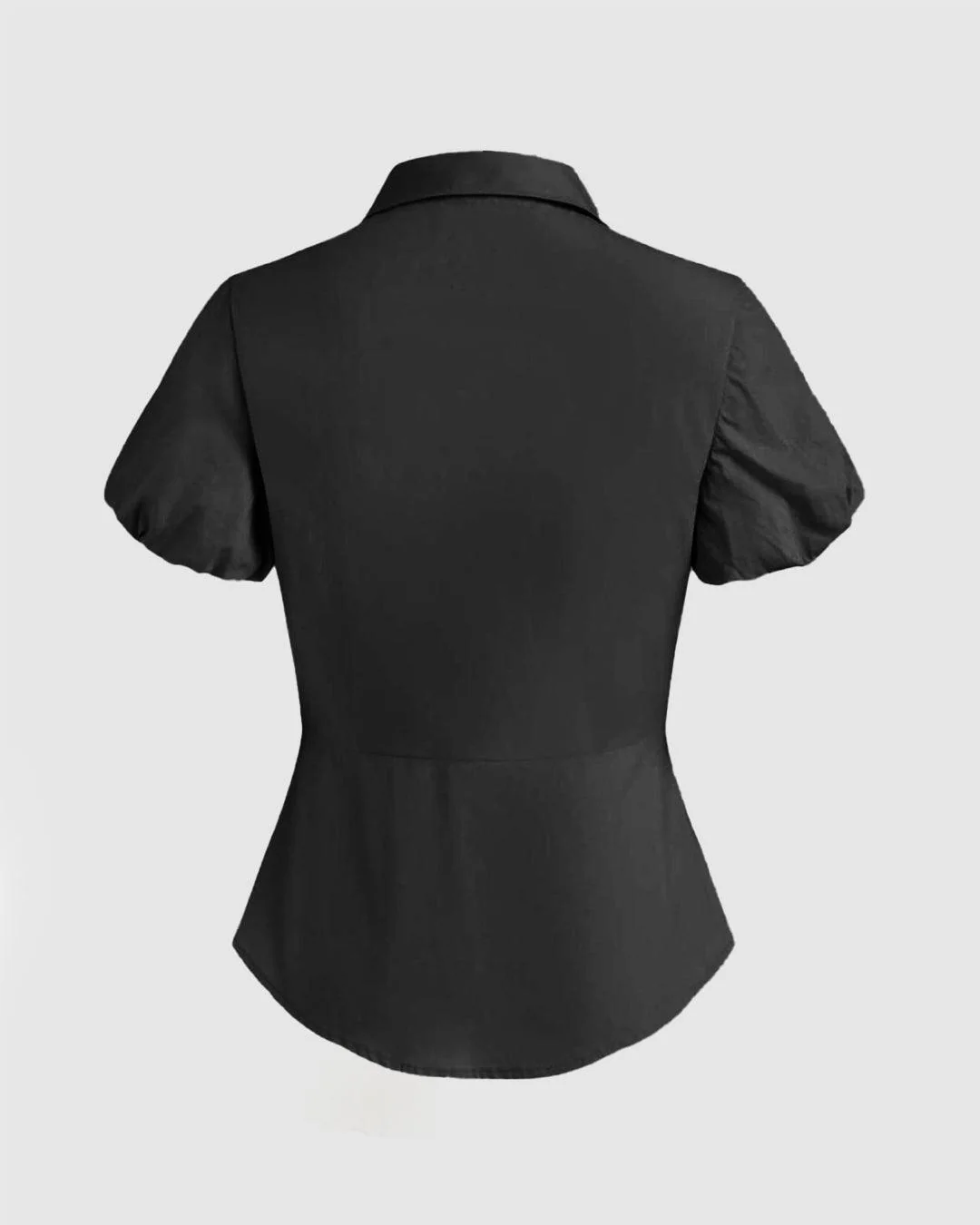 Collar Solid Button Puff Sleeve Black Shirt - Image 2