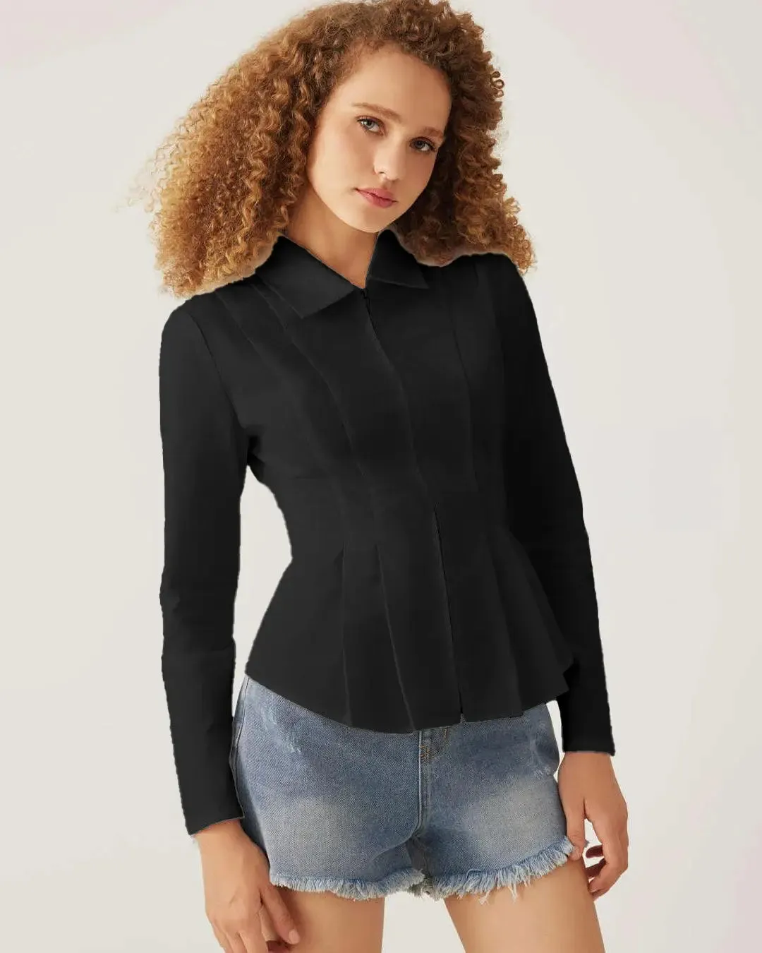 Collar Solid Pleated Zipper Long Sleeve Black Shirt - Image 2