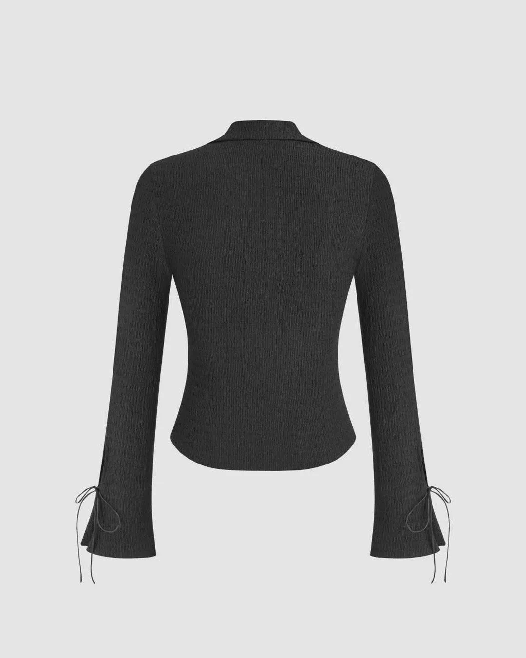 Collar Solid Shirred Bowknot Bell Sleeve Black Top - Image 2