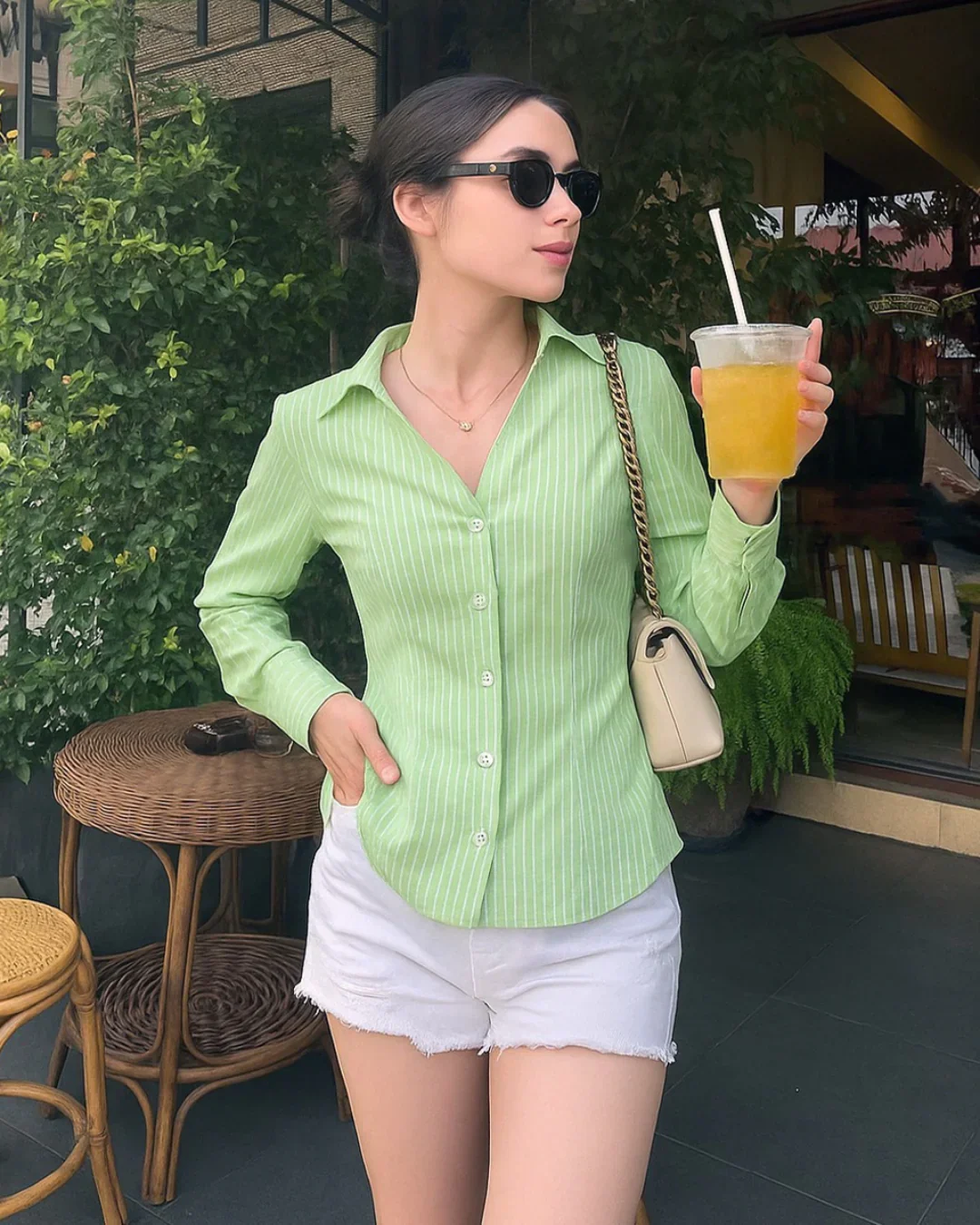 Collar Striped Long Sleeve Shirt In Sage Green - Image 2