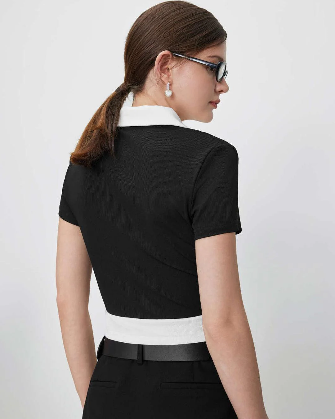 Collar Two Tone Front Button Front Short Sleeve Top - Image 4