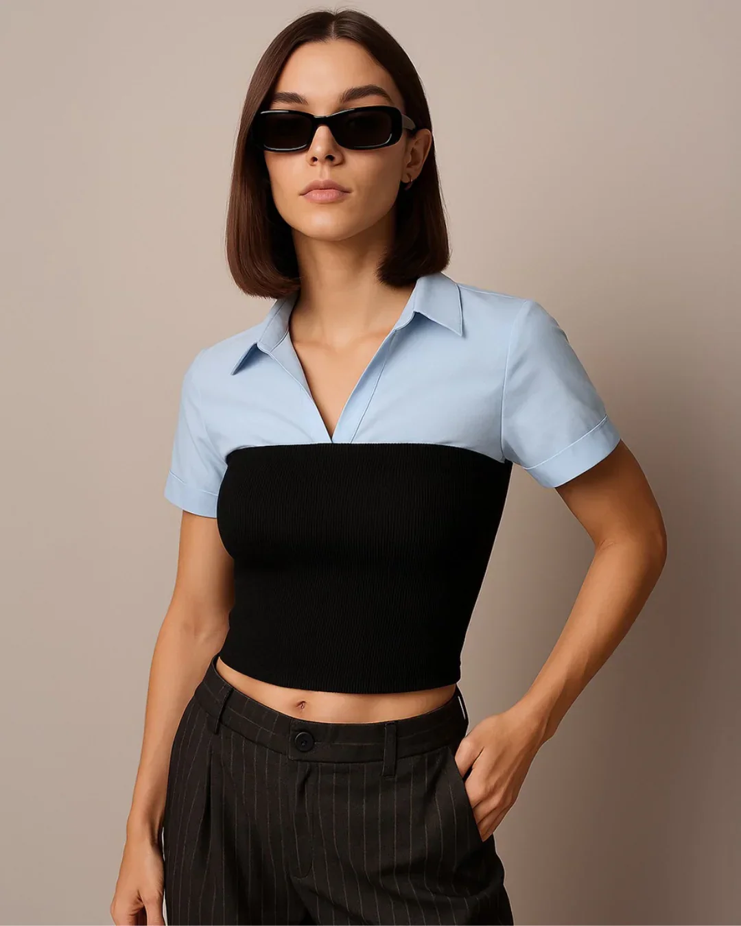 Formal Collared Neck Layered Look Short Sleeve Top in Blue and Black - Image 2