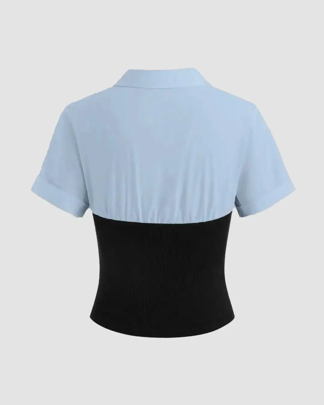 Formal Collared Neck Layered Look Short Sleeve Top in Blue and Black - Image 3